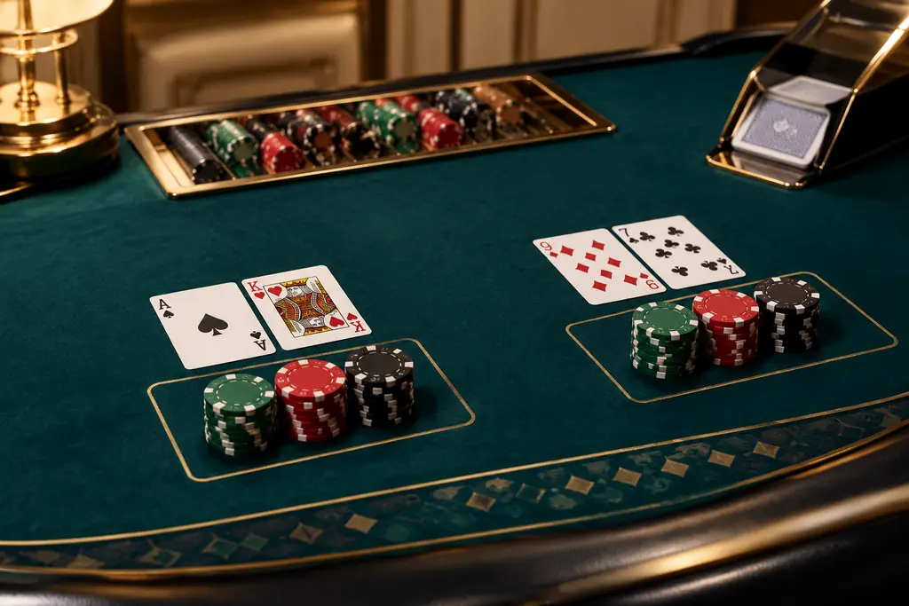 Kartu dan chip di meja baccarat hijau
