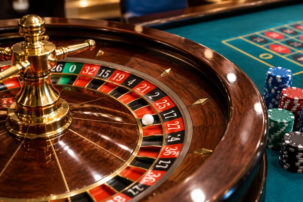 Roda roulette dan bola putih di meja kasino